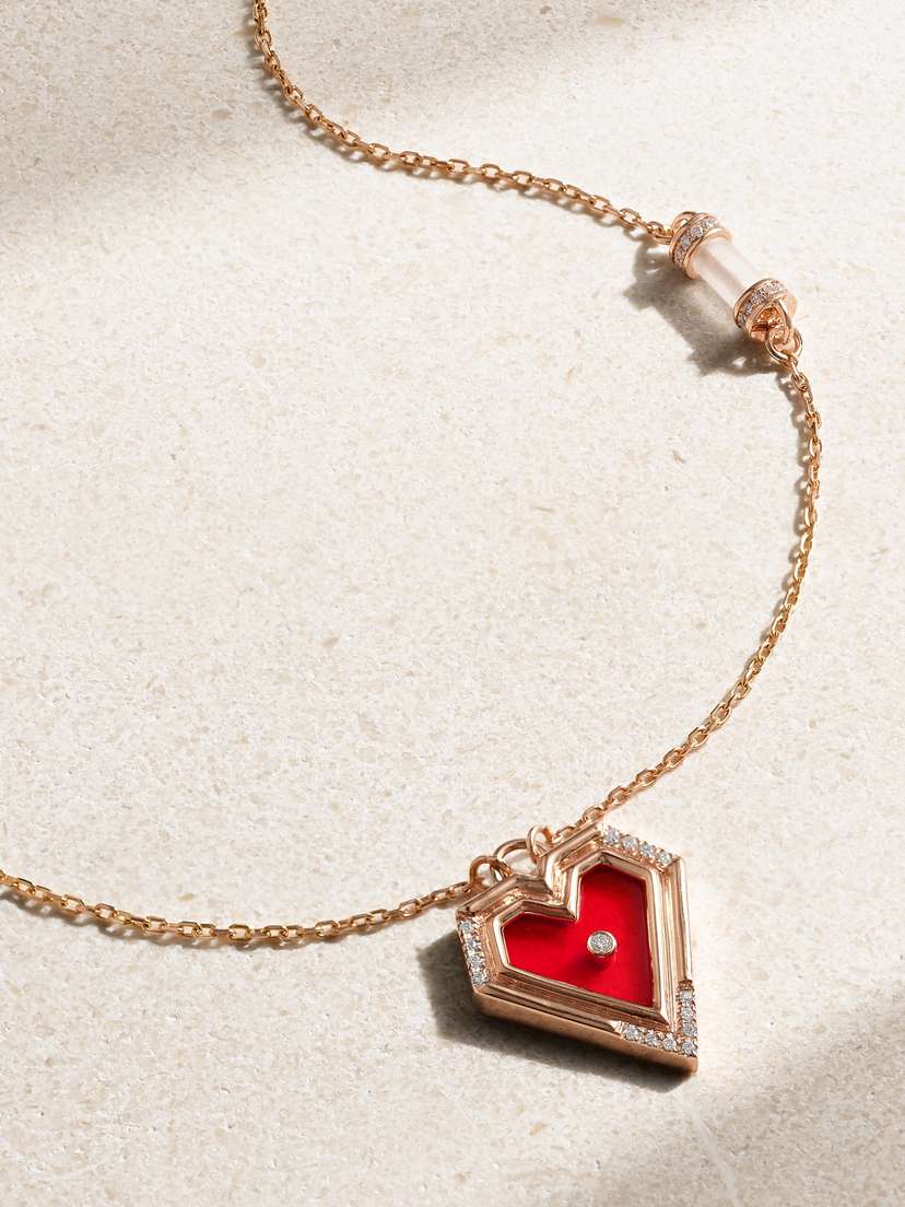 L’Atelier Nawbar Super Heart 18-karat Rose Gold, Enamel, Agate And Diamond Necklace