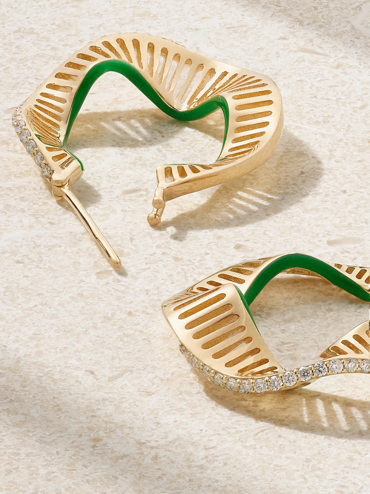 Shop L'atelier Nawbar Twisted Waves 18-karat Gold, Enamel And Diamond Hoop Earrings In Green