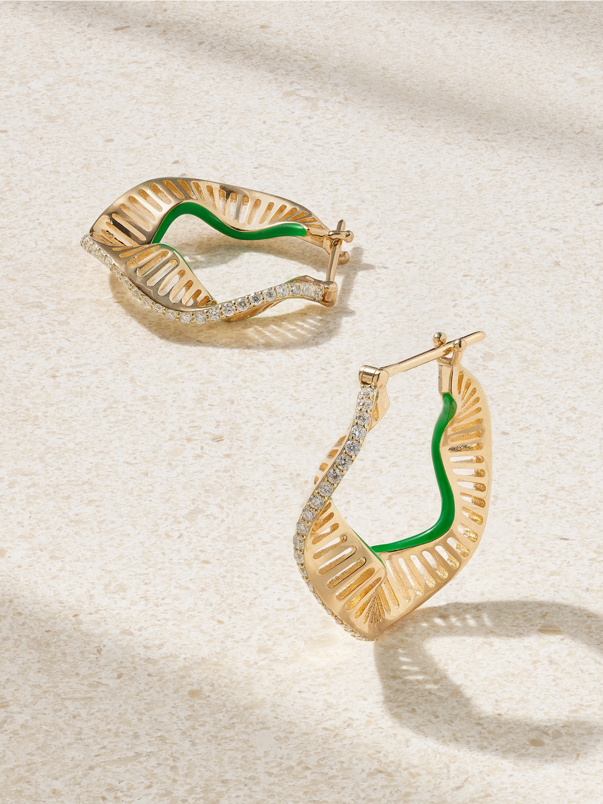 L'atelier Nawbar Twisted Waves 18-karat Gold, Enamel And Diamond Hoop Earrings In Green