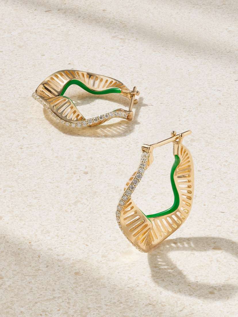 L’Atelier Nawbar Twisted Waves 18-karat Gold, Enamel And Diamond Hoop Earrings