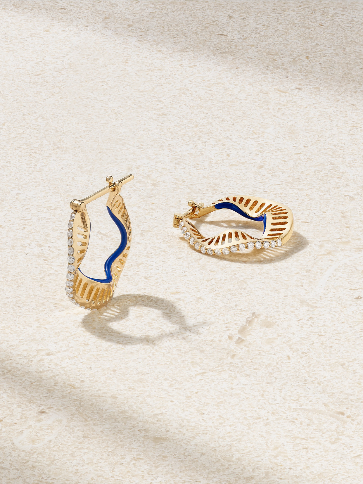 L'atelier Nawbar Twisted Waves 18-karat Gold, Enamel And Diamond Hoop Earrings In Blue