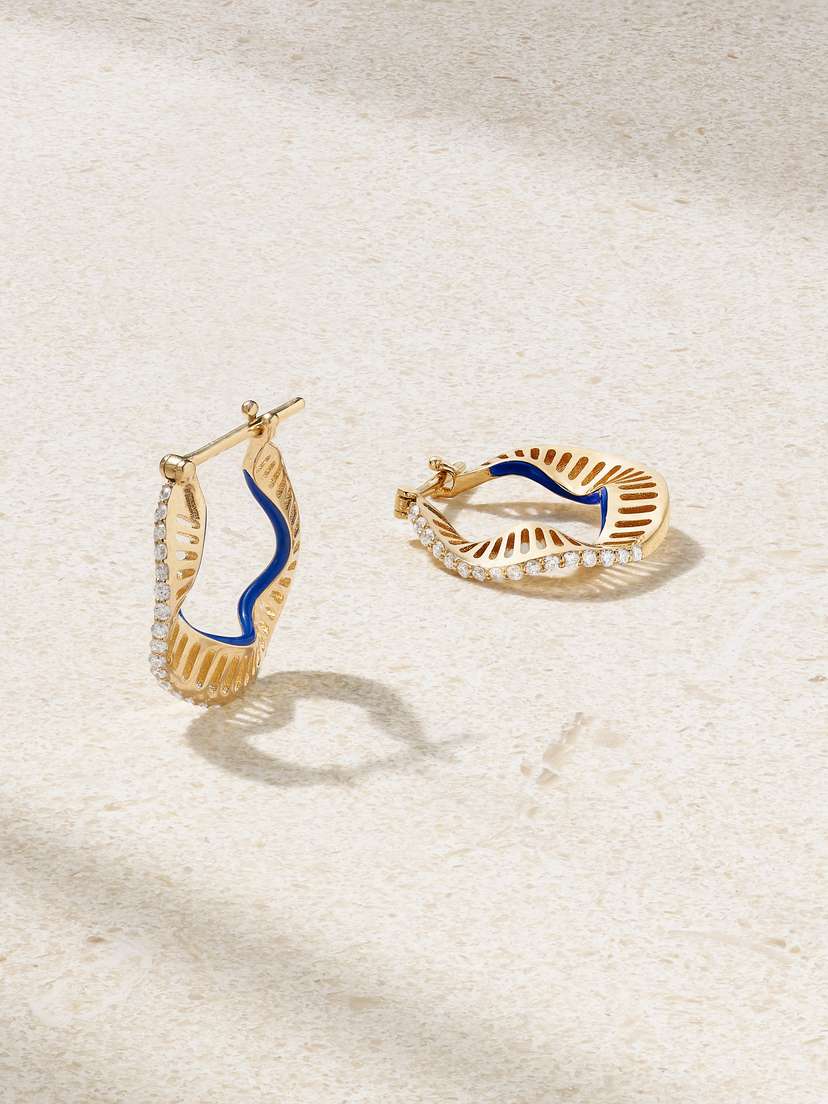 L’Atelier Nawbar Twisted Waves 18-karat Gold, Enamel And Diamond Hoop Earrings