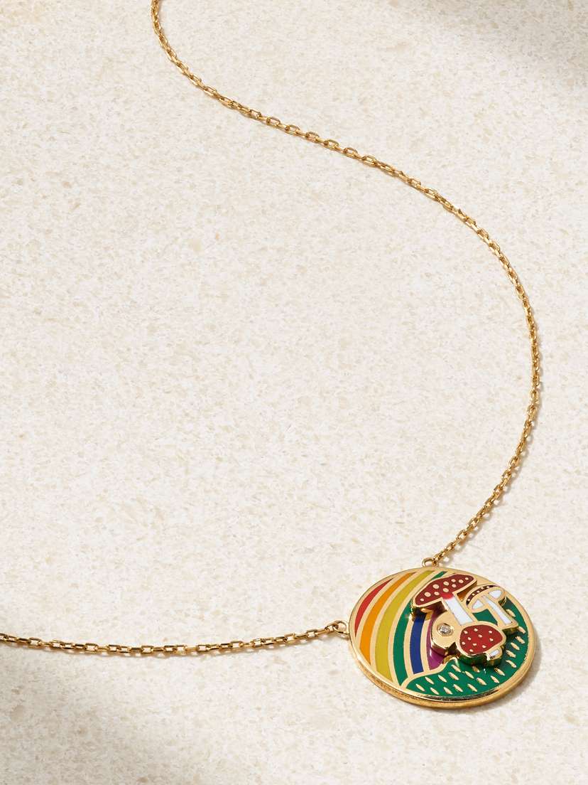 L’Atelier Nawbar Mushroom Over The Rainbow 18-karat Gold, Enamel And Diamond Necklace