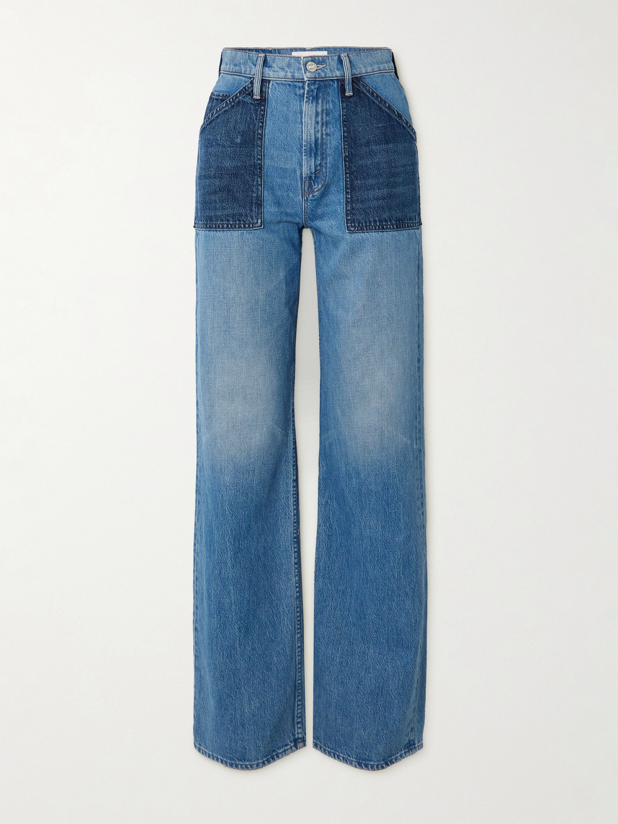 Shop Mother + Net Sustain The Patch Maven Heel Two-tone High-rise Straight-leg Jeans In Blue