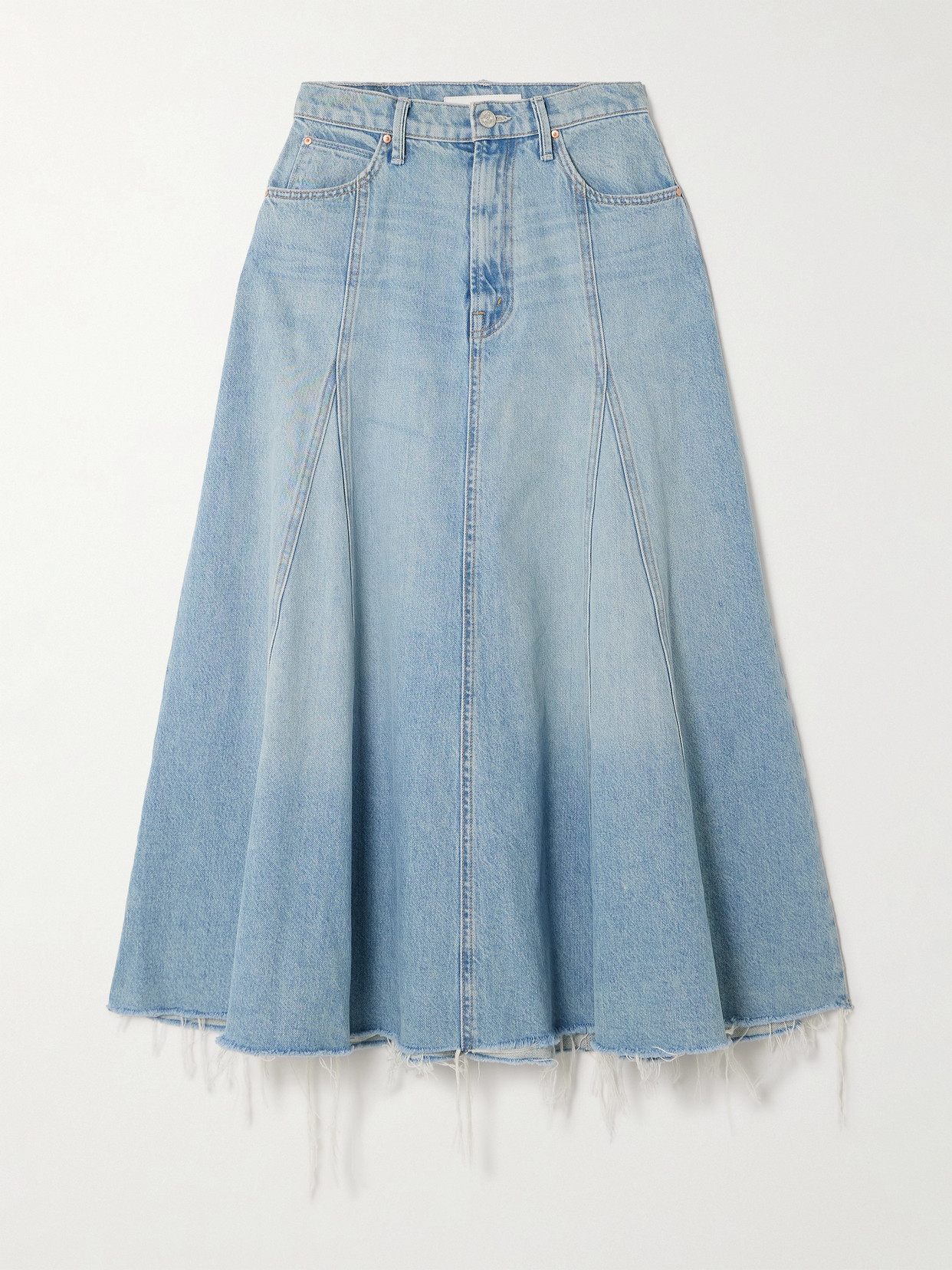 Mother The Full Swing Frayed Denim Midi Skirt In Blue