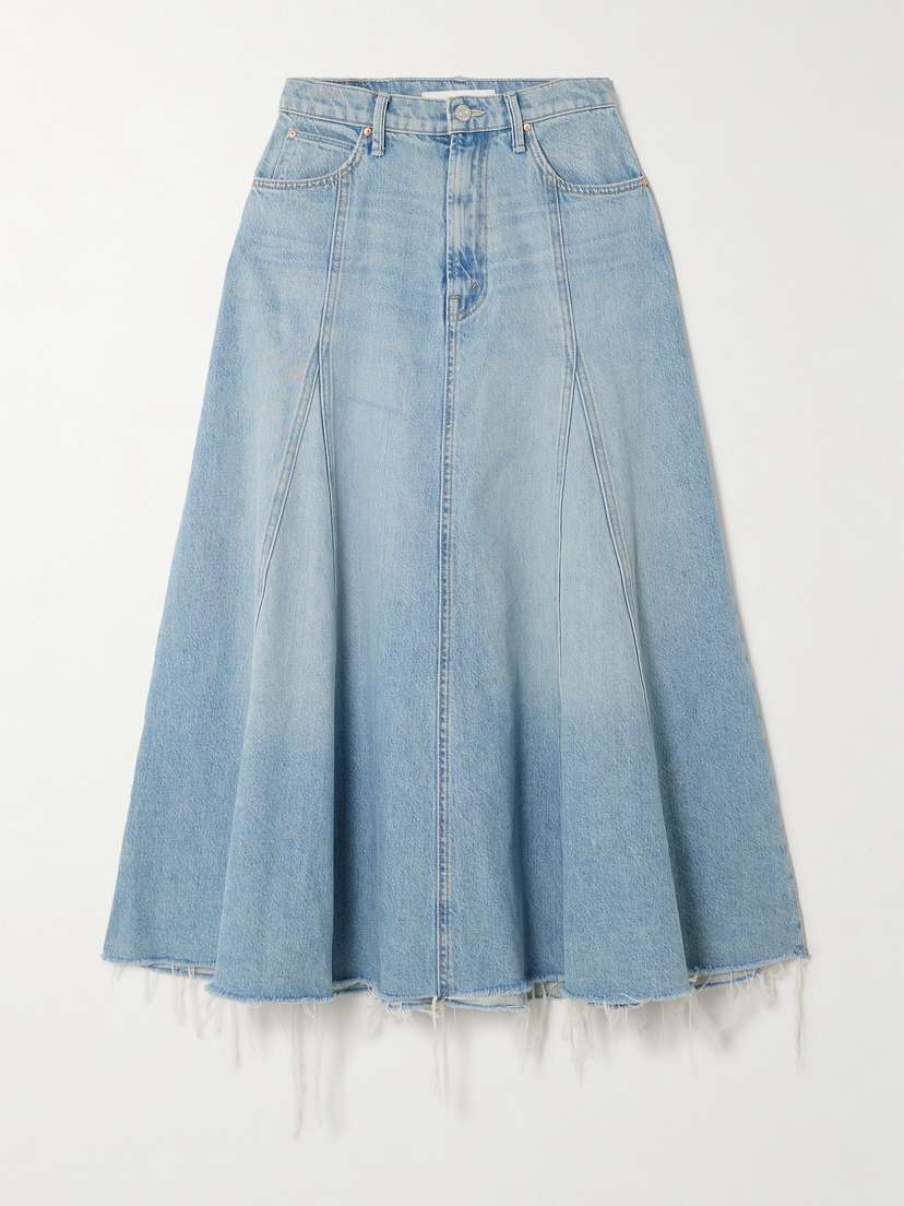 Mother The Full Swing Frayed Denim Midi Skirt