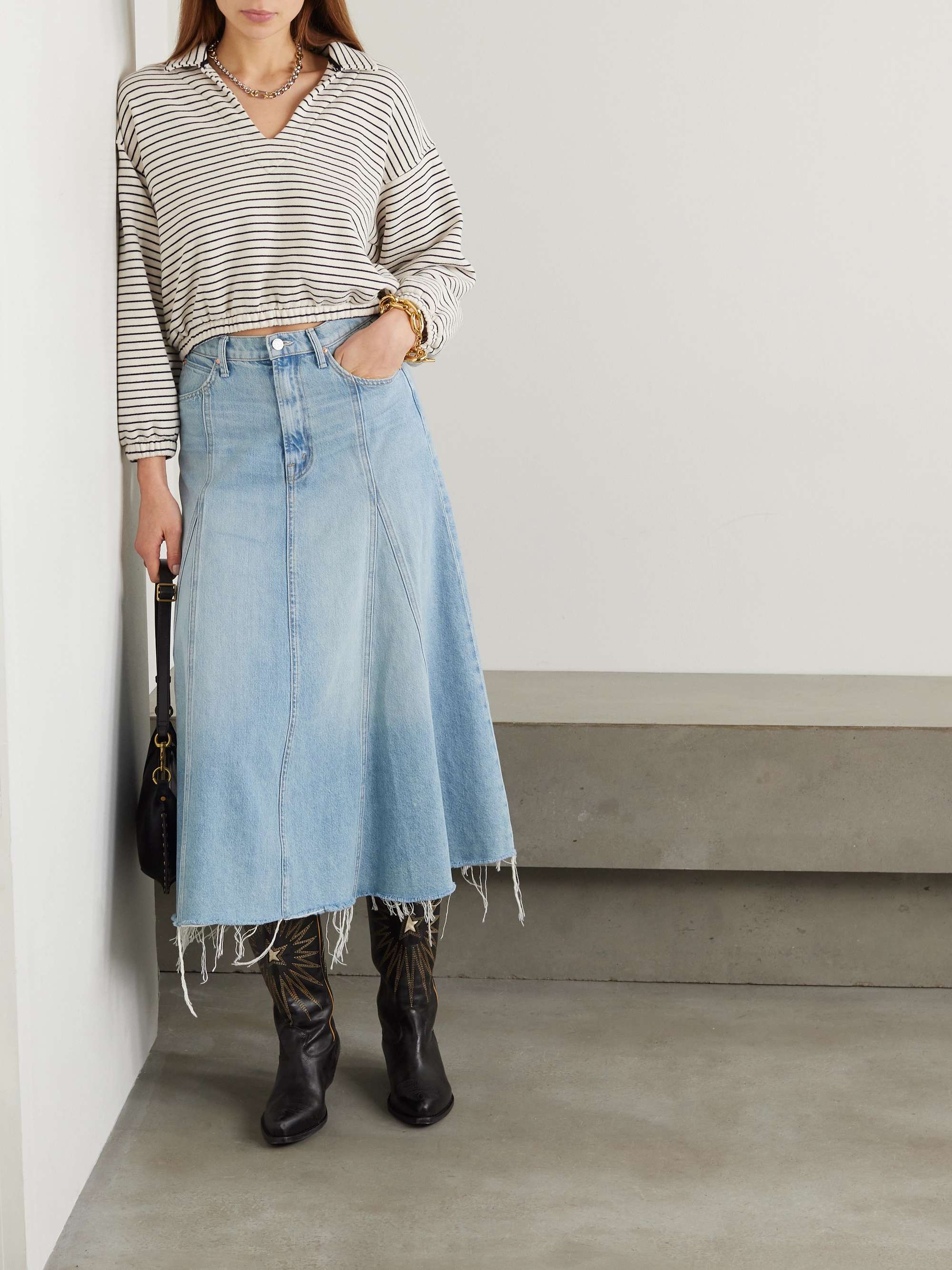 MOTHER The Full Swing frayed denim midi skirt | NET-A-PORTER