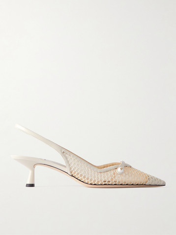 JIMMY CHOO Amita 45 faux-pearl embellished leather-trimmed mesh slingback pumps