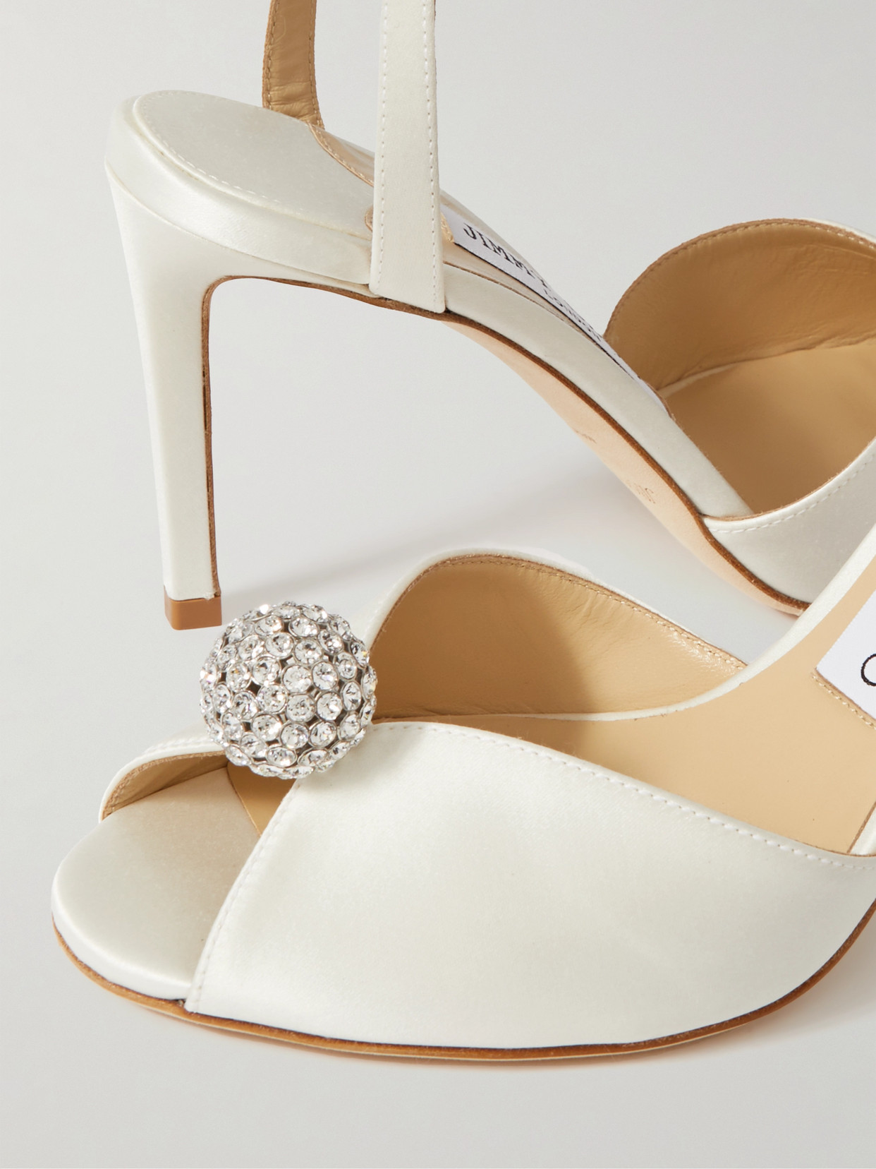 Shop Jimmy Choo Sacora 85 Crystal-embellished Satin Sandals In White