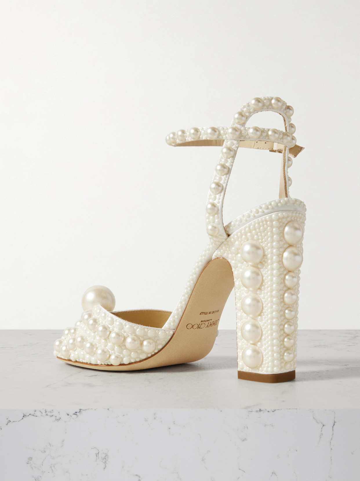 JIMMY CHOO SACARIA 100 FAUX PEARL-EMBELLISHED SATIN SANDALS