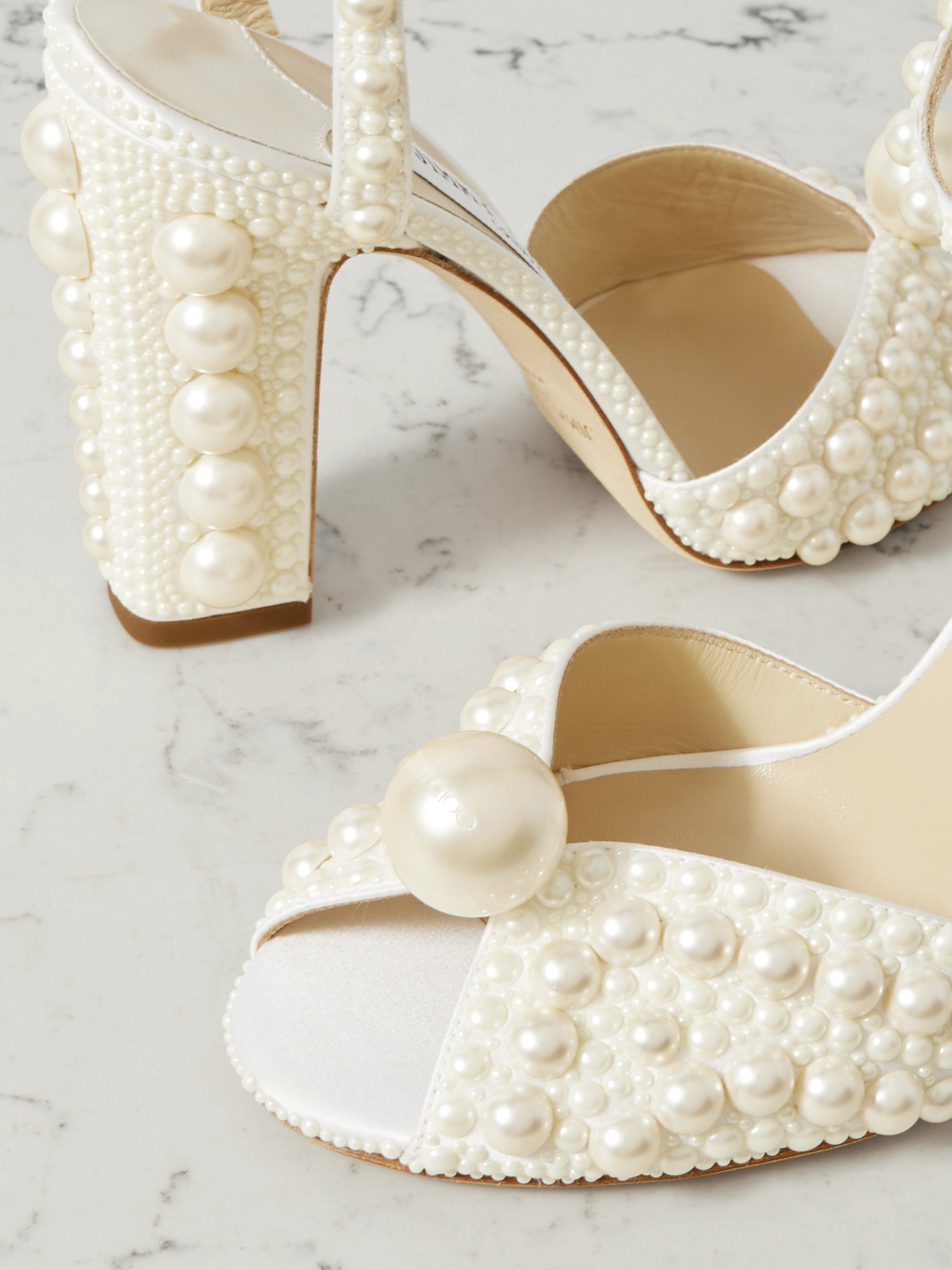 JIMMY CHOO SACARIA 100 FAUX PEARL-EMBELLISHED SATIN SANDALS