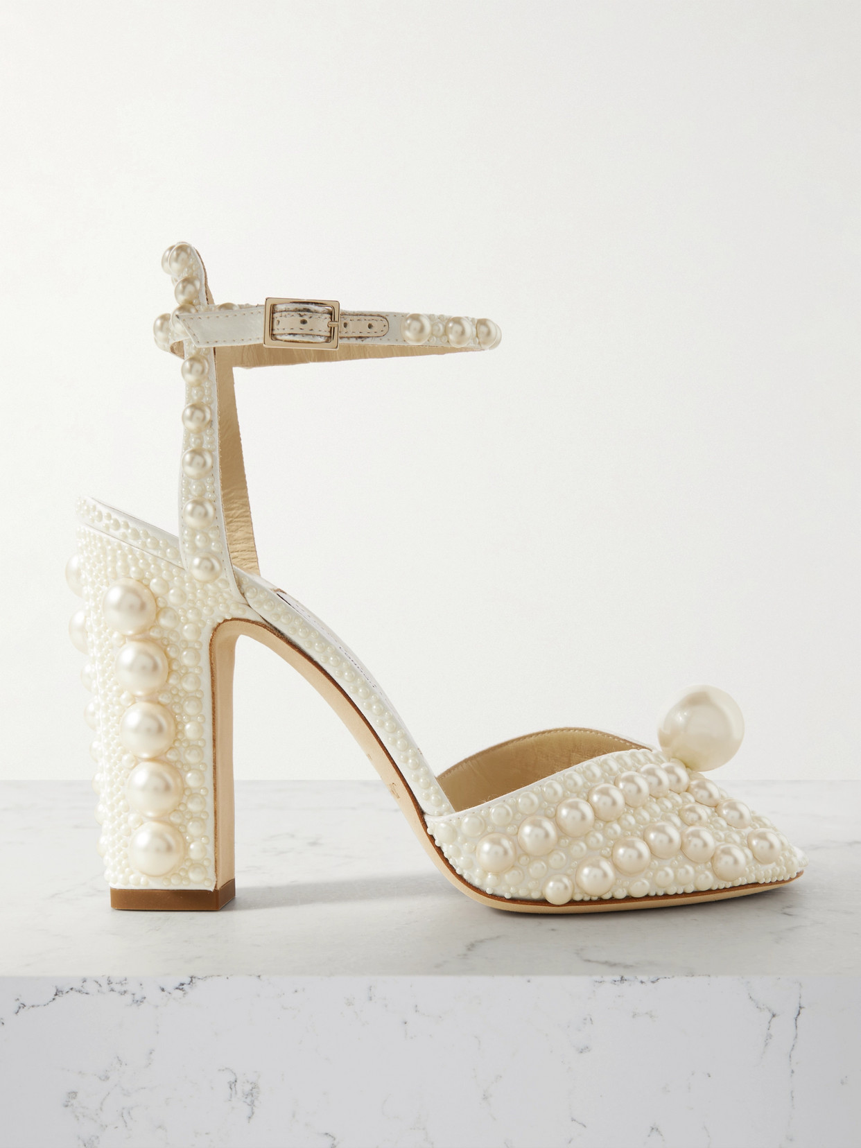 Shop Jimmy Choo Sacaria 100 Faux Pearl-embellished Satin Sandals In Ivory