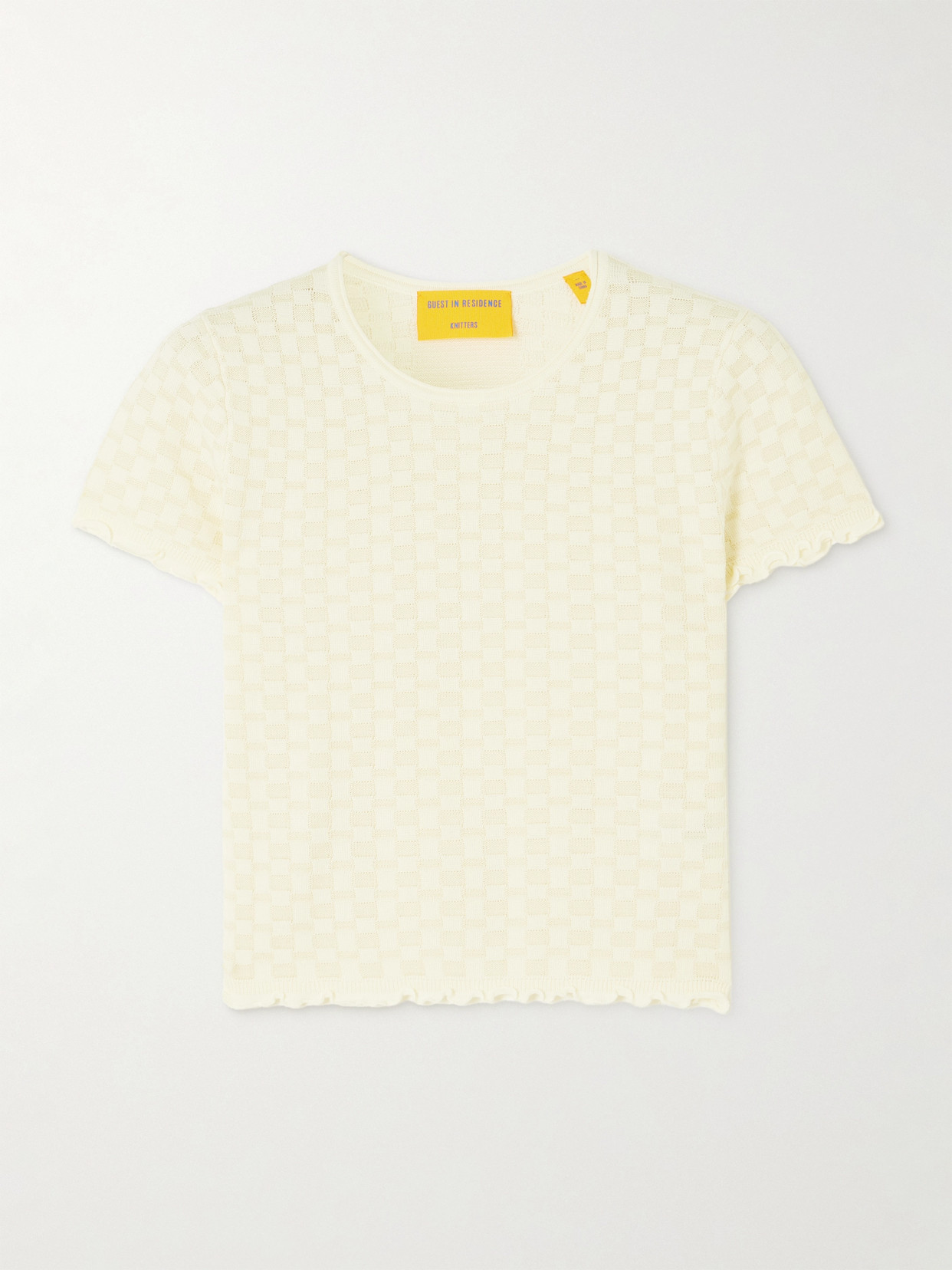 Guest In Residence Cropped Checked Cotton And Silk-blend T-shirt In Cream