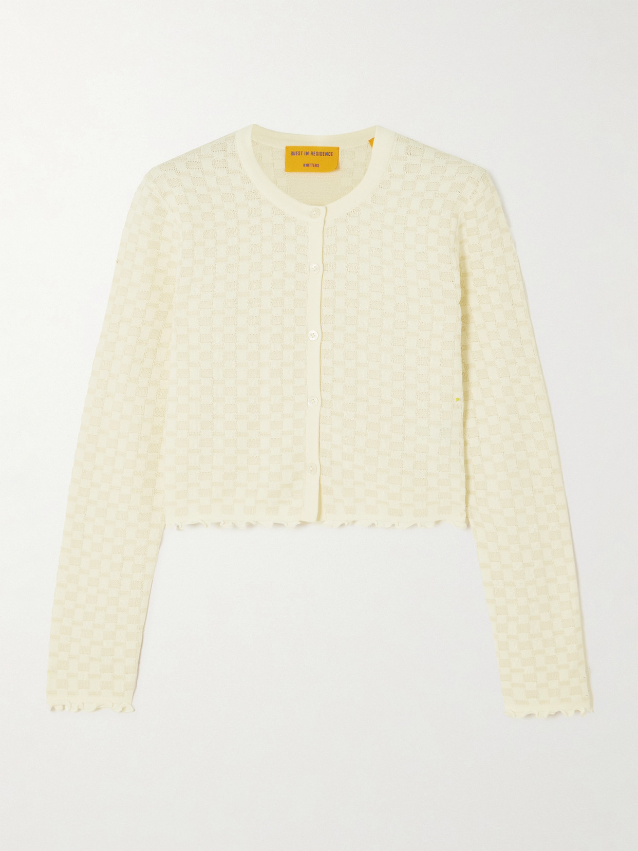 Guest In Residence Cropped Checked Jacquard-knitted Cotton And Silk-blend Cardigan In Neutrals