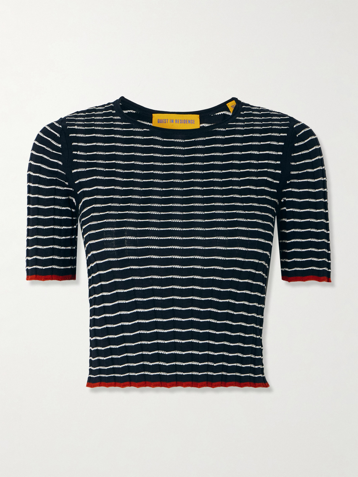 Guest In Residence - Striped Ribbed Cotton And Silk-blend T-shirt - Blue