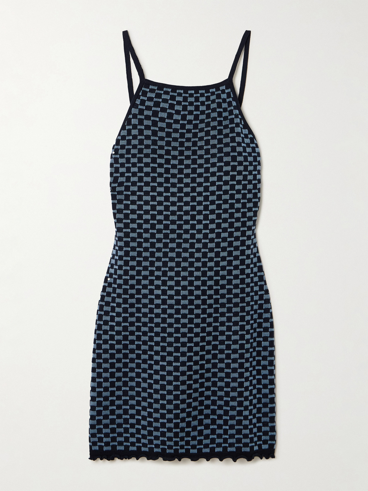 Shop Guest In Residence Ruffled Checked Knitted Cotton And Silk-blend Mini Dress In Blue