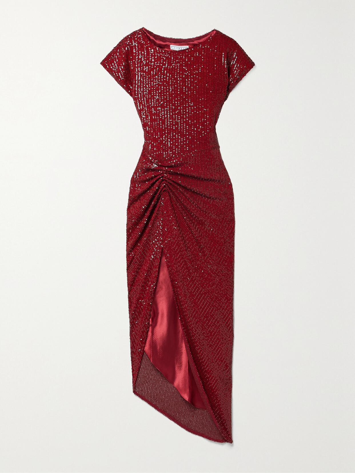 In The Mood For Love Bercot Asymmetric Ruched Sequined Tulle Midi Dress - Burgundy