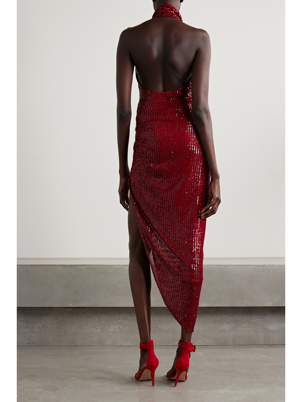 In The Mood For Love Marissa Asymmetric Sequined Tulle Halterneck Gown In Burgundy