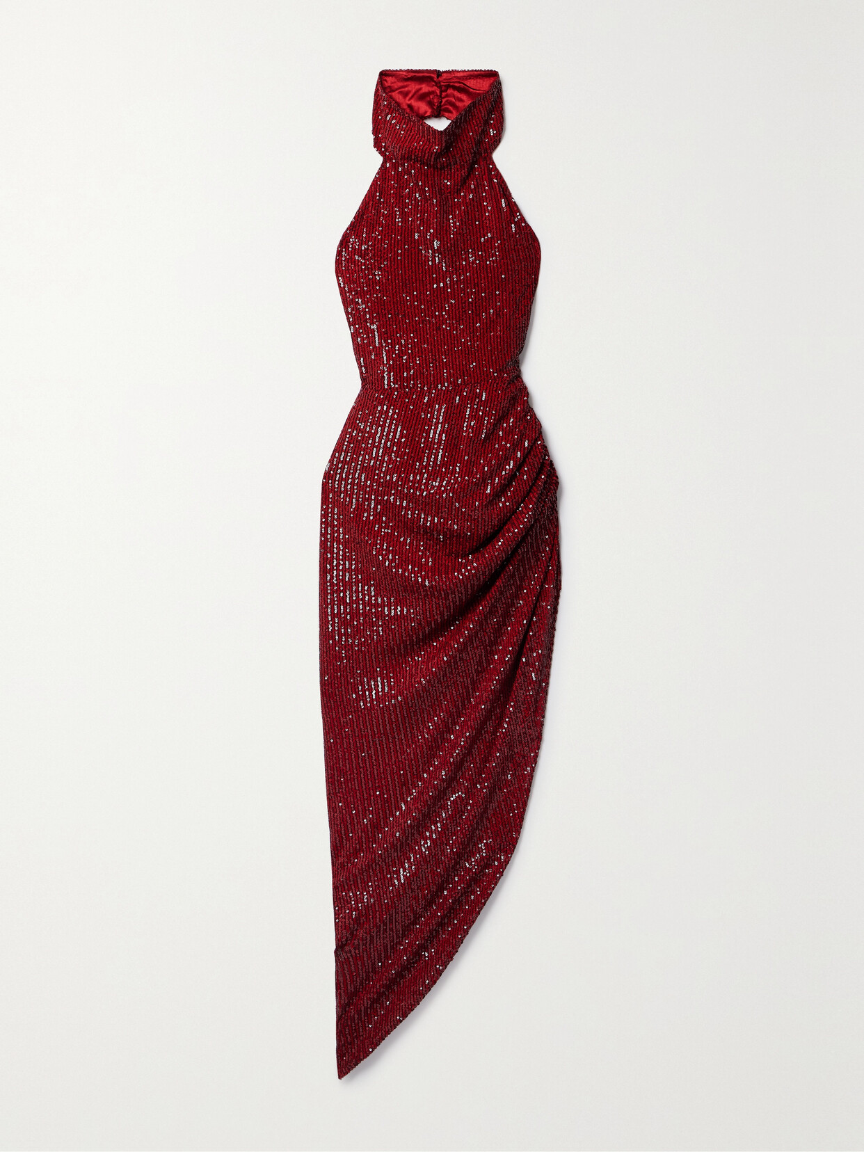 In The Mood For Love - Marissa Asymmetric Sequined Tulle Halterneck Gown - Burgundy