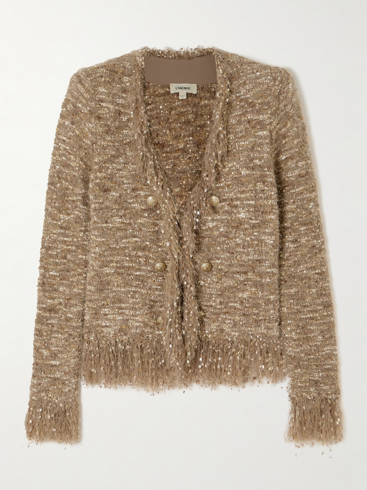 Shop L Agence Azure Button-embellished Bouclé Blazer In Brown