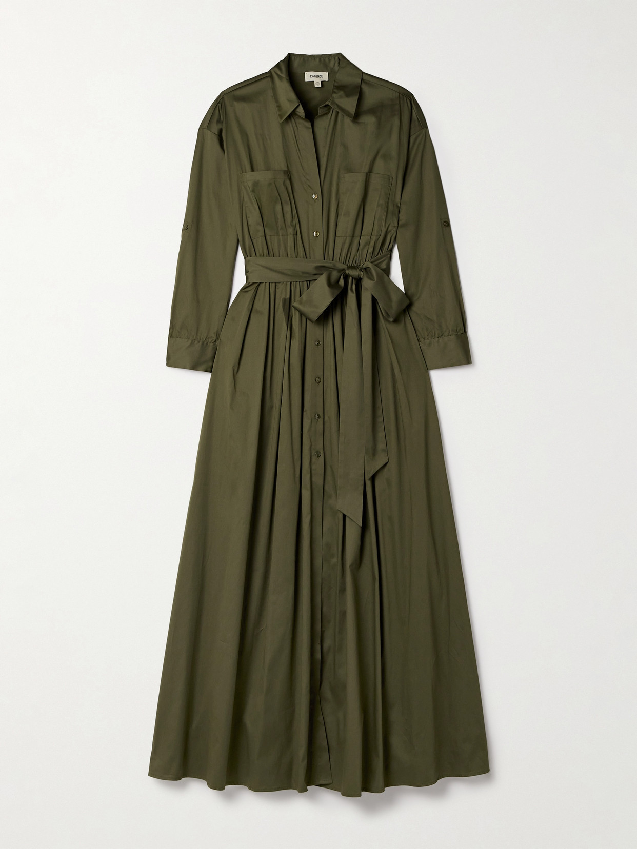 Shop L Agence Cammi Belted Cotton-blend Poplin Maxi Shirt Dress In Green