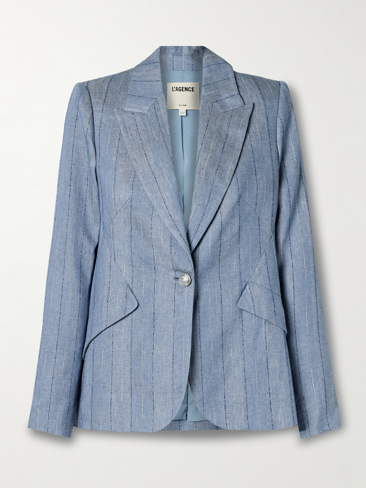 Shop L Agence Chamberlain Pinstriped Herringbone Linen-blend Blazer In Blue