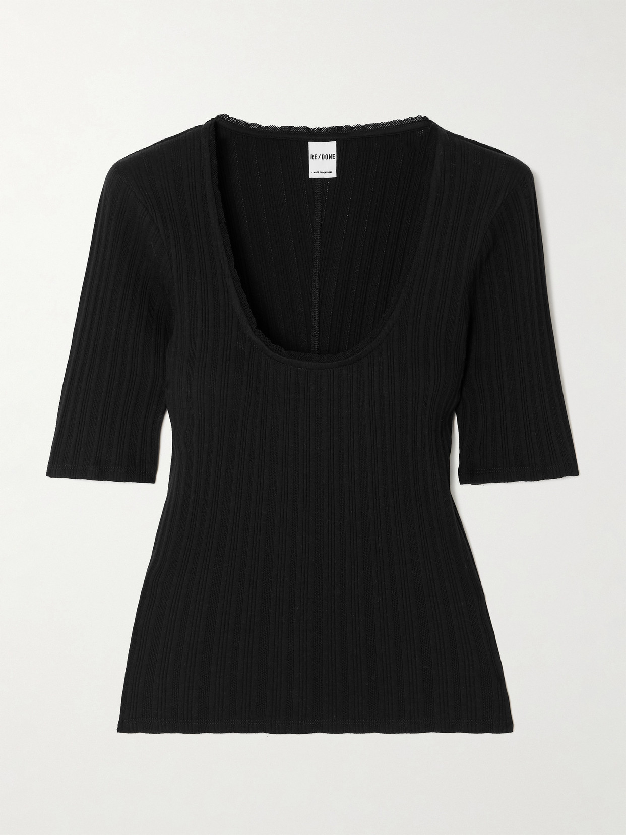 Re/done Pointelle-knit Cotton-jersey Top In Black