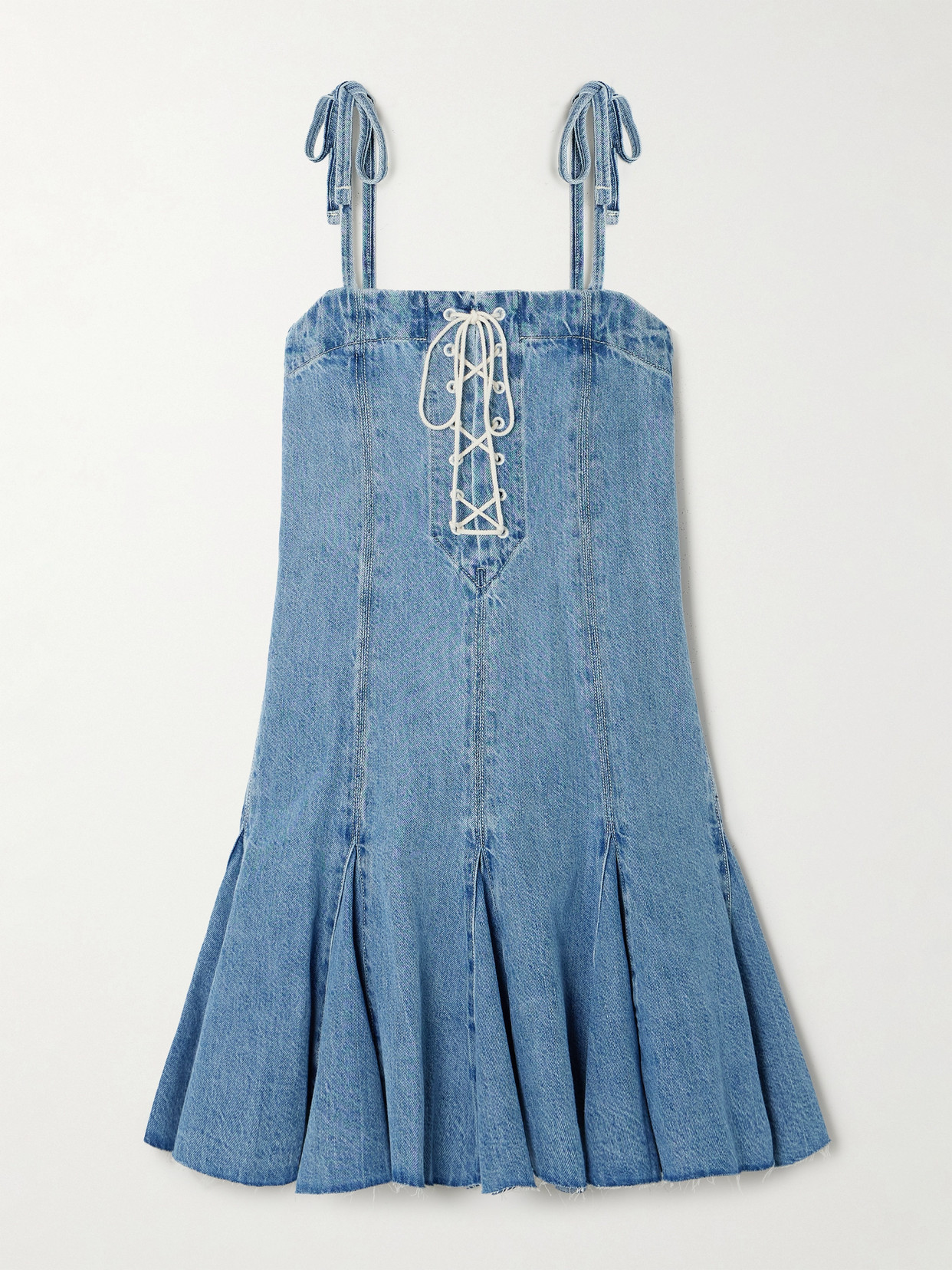 Shop Re/done Flounce Pleated Lace-up Denim Mini Dress In Blue