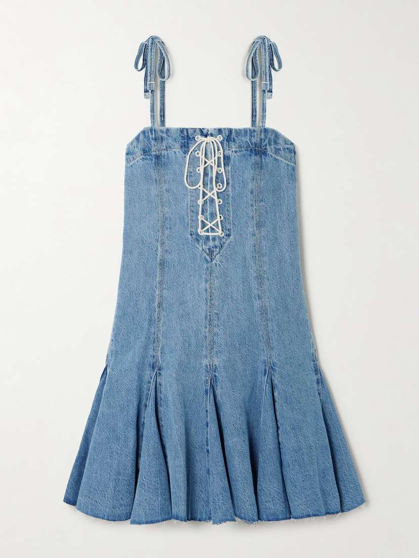 RE/DONE Flounce Pleated Lace-up Denim Mini Dress