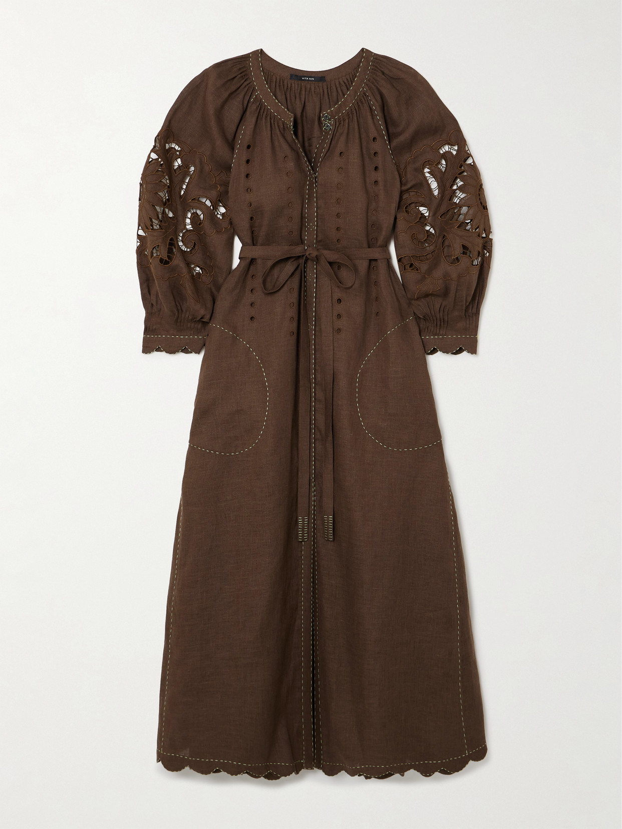 Vita Kin - Sunflower Belted Embroidered Broderie Anglaise Linen Midi Dress - Brown