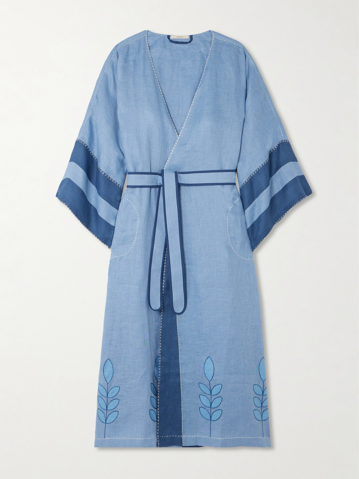 Vita Kin Nara Embroidered Striped Linen Midi Dress In Blue