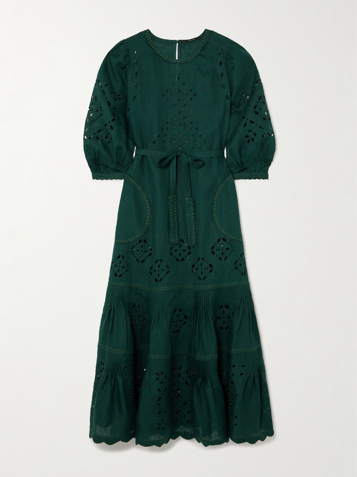 Vita Kin - Karry Tiered Embroidered Broderie Anglaise Linen Midi Dress - Green