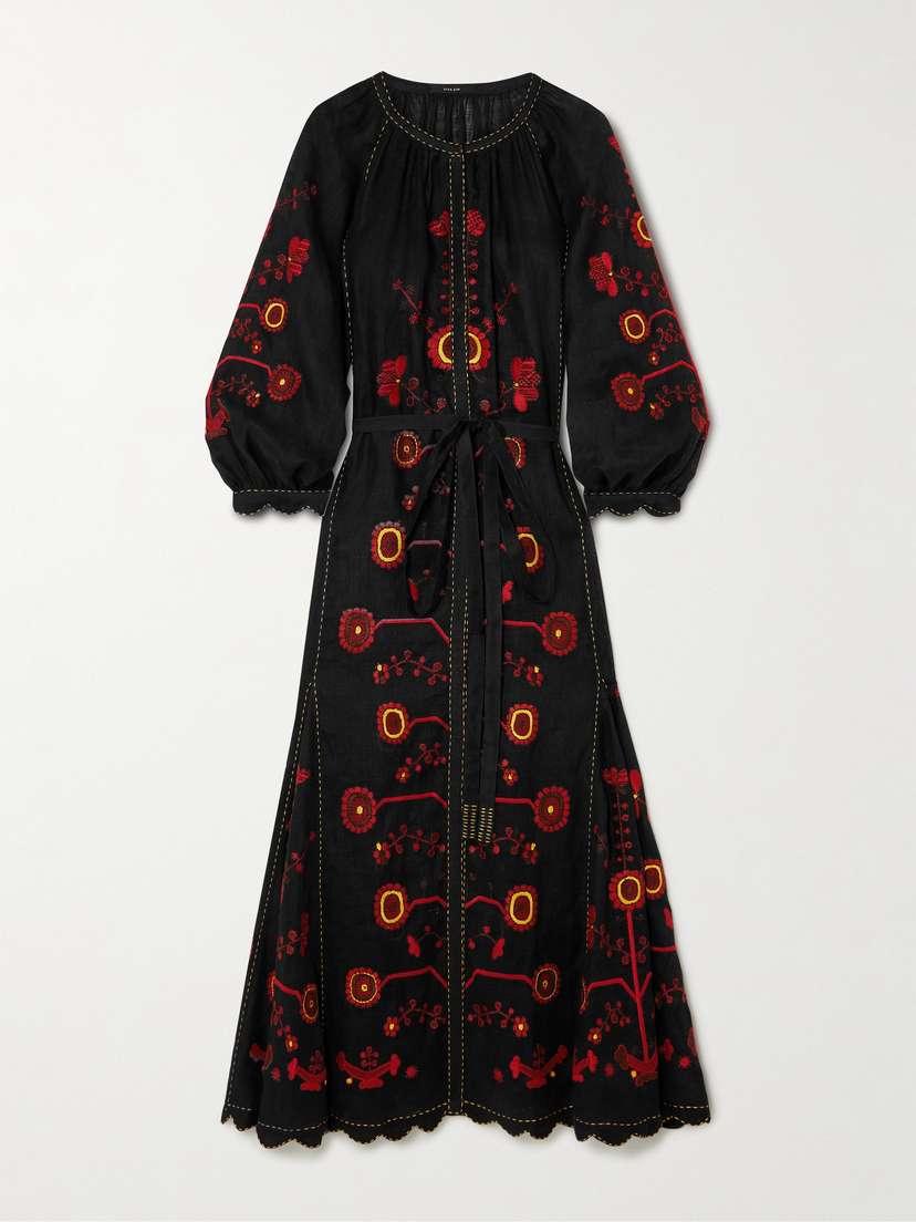 Vita Kin Nathalie Belted Scalloped Embroidered Linen Maxi Dress