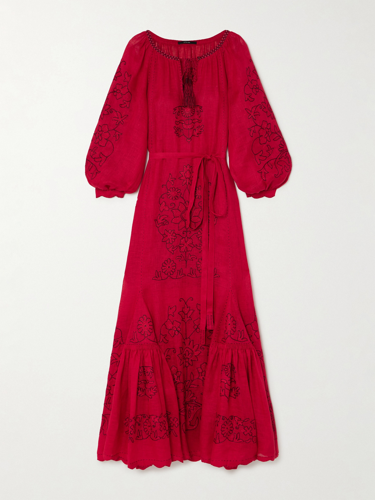 Vita Kin Cairo Tasseled Bead-embellished Embroidered Linen Maxi Dress In Red