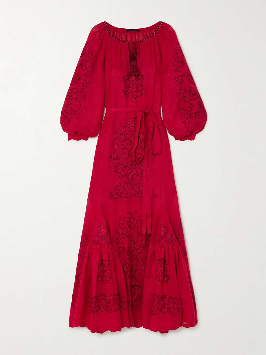 cairo tasseled bead-embellished embroidered linen maxi dress