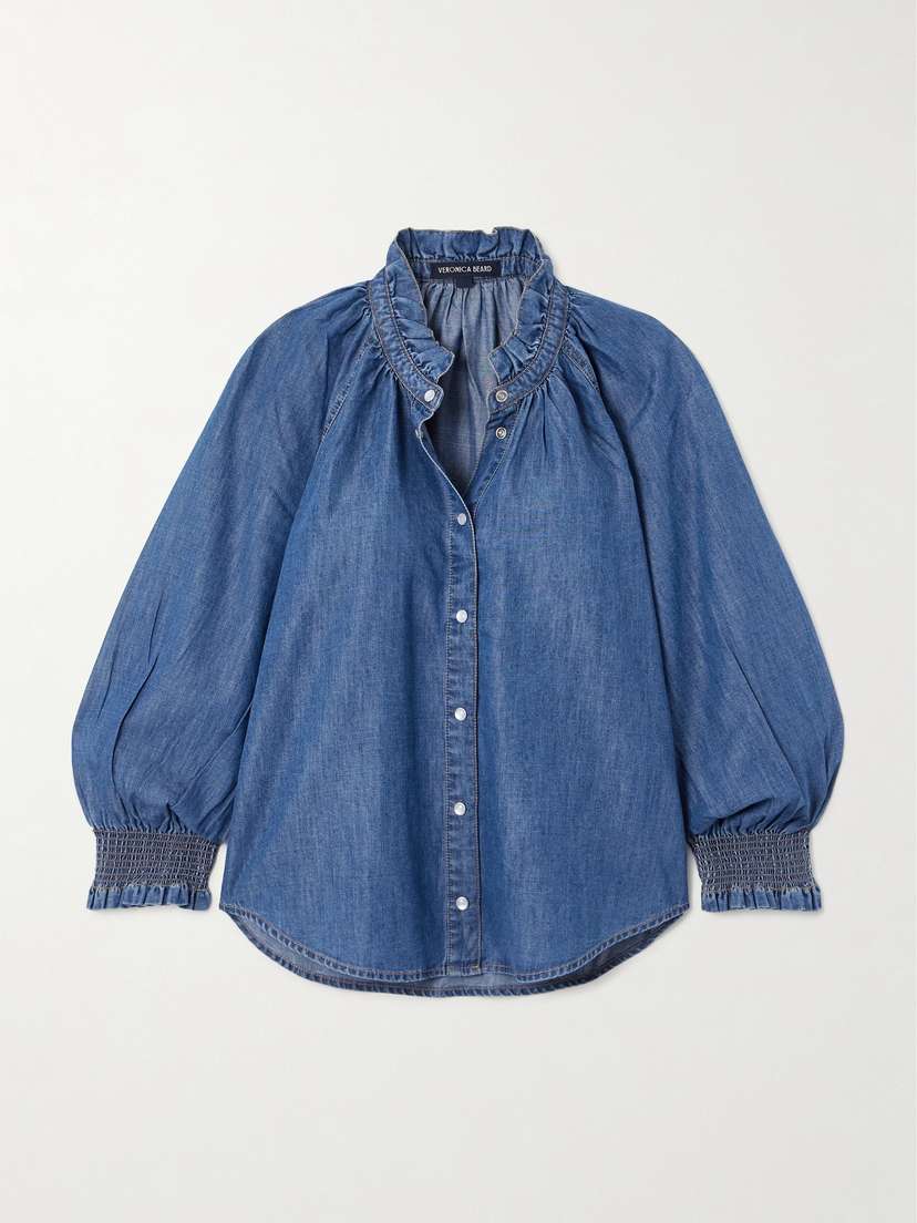 Veronica Beard Calisto Ruffled Cotton And Lyocell-blend Chambray Shirt - x large
