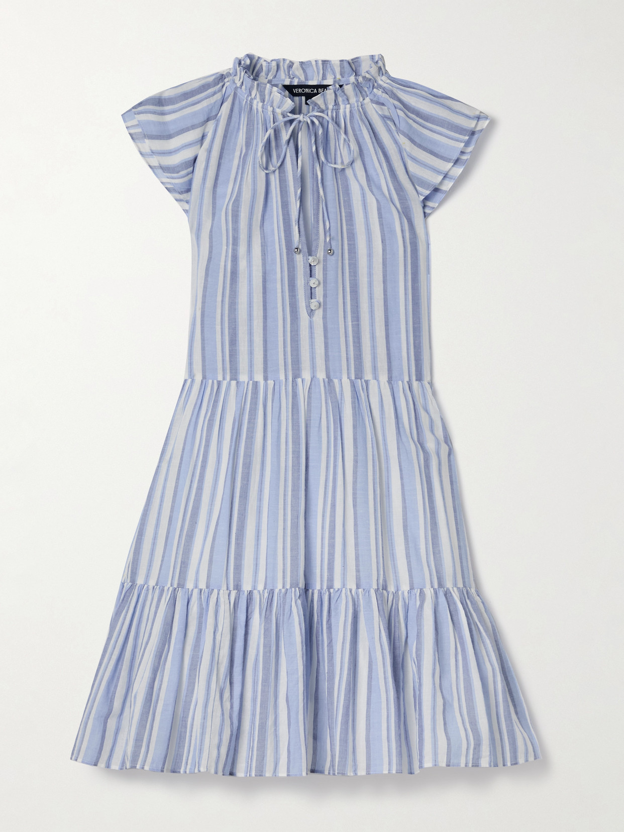 Shop Veronica Beard Zee Tiered Striped Cotton Mini Dress In Blue