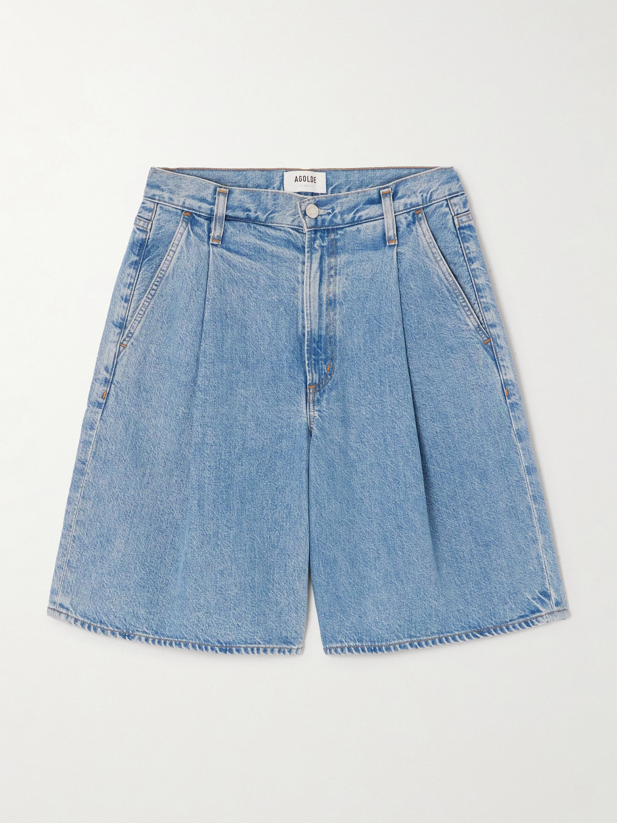 Shop Agolde Ellis Pleated Denim Shorts In Blue