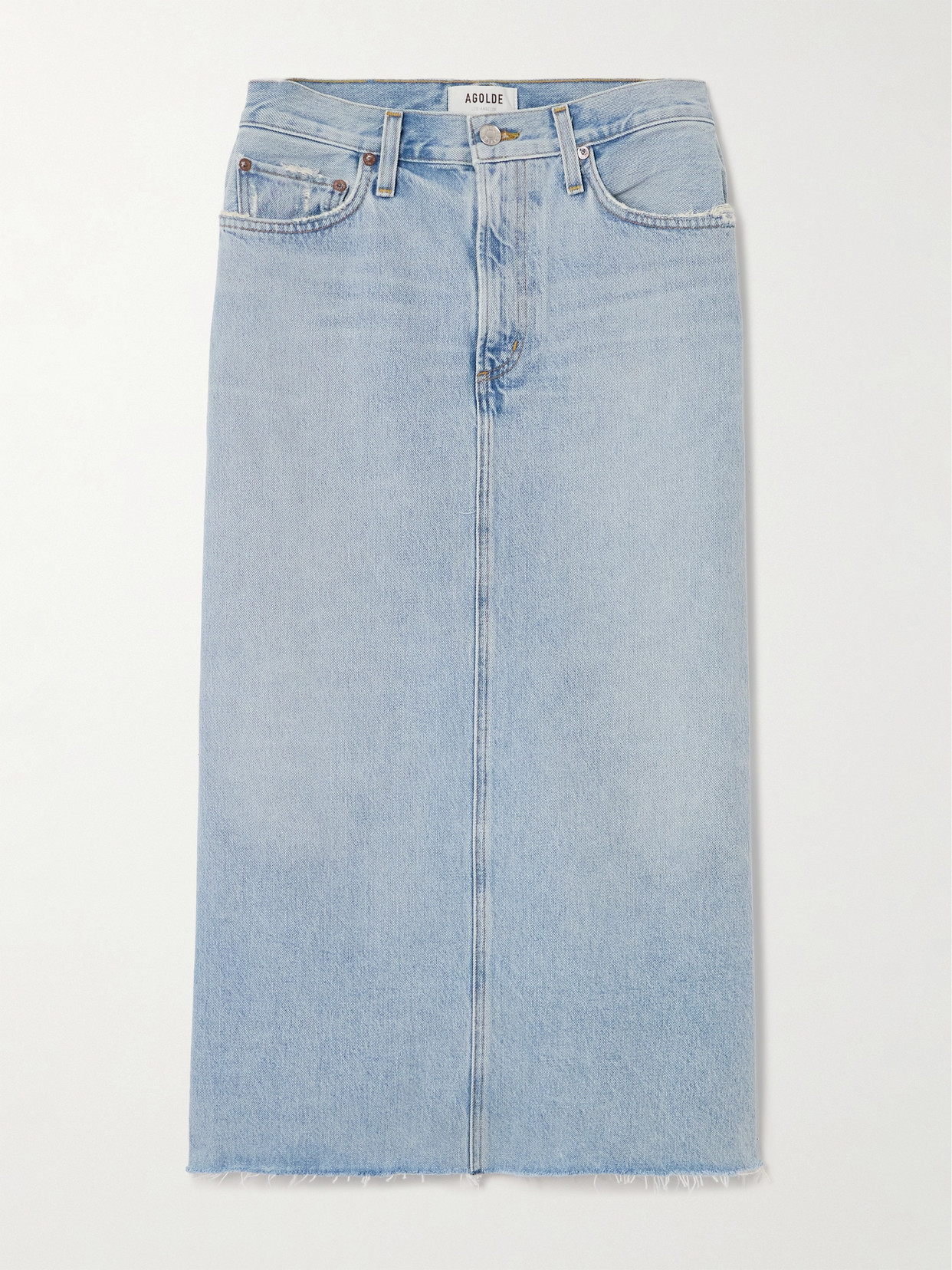 Shop Agolde Della Distressed Denim Midi Skirt In Blue