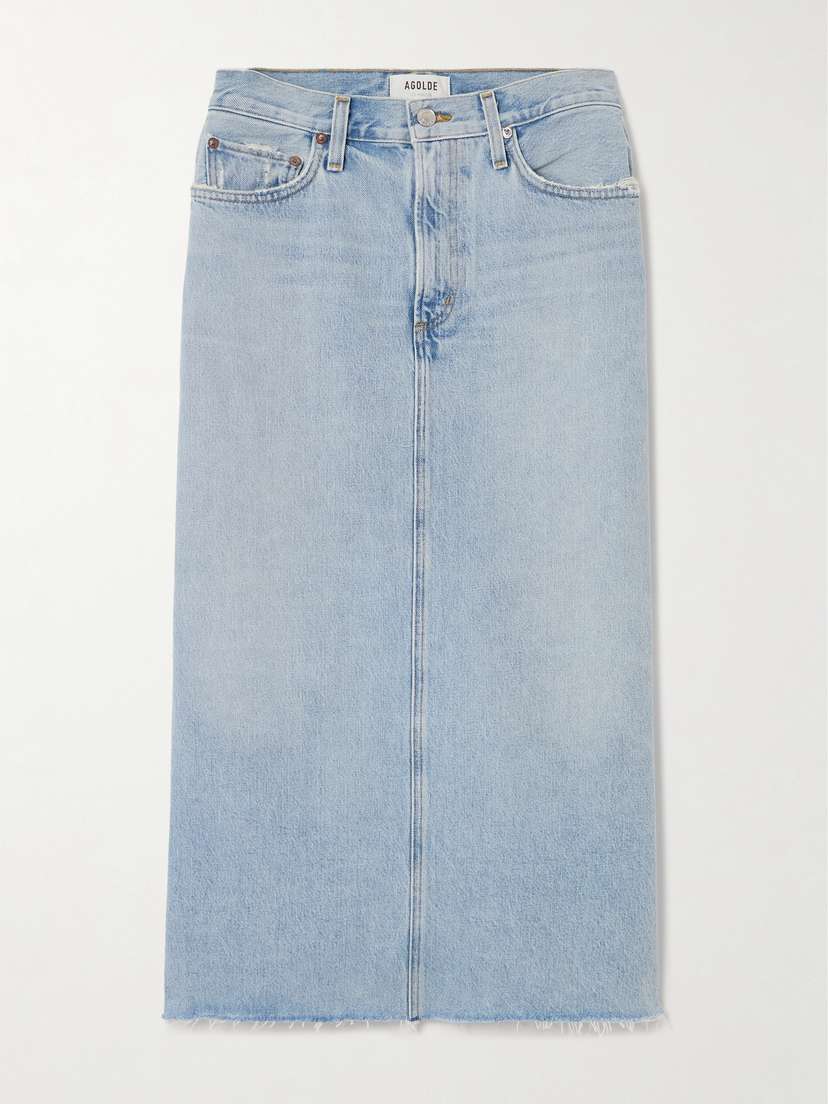 AGOLDE Della Distressed Denim Midi Skirt