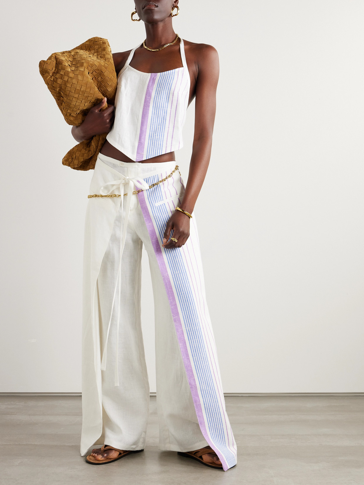 Bettter Cropped Striped Linen Halterneck Top In Multi