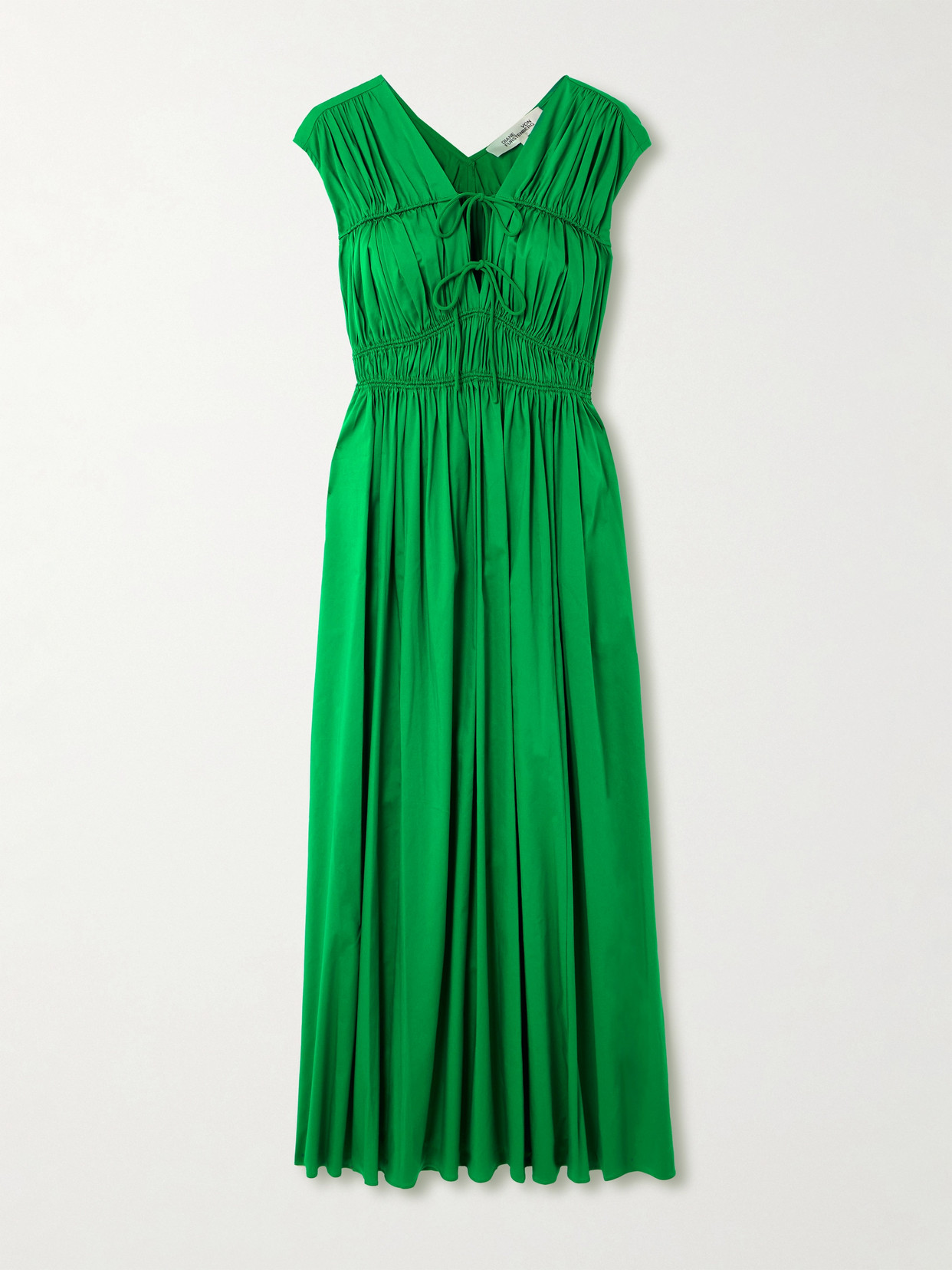 Diane Von Furstenberg Gillian Tie-detailed Ruched Gathered Cotton-blend Midi Dress In Green