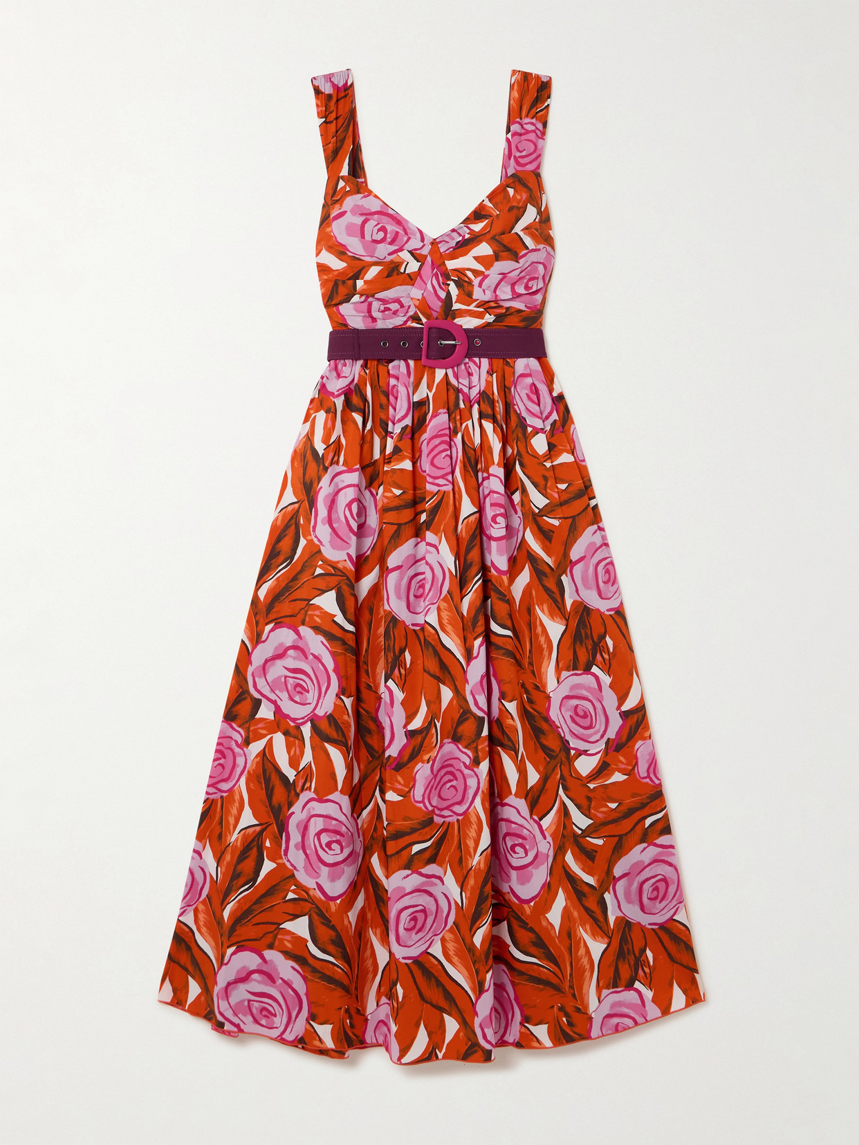 Diane Von Furstenberg Elisa Belted Gathered Floral-print Cotton-blend Poplin Midi Dress In Red