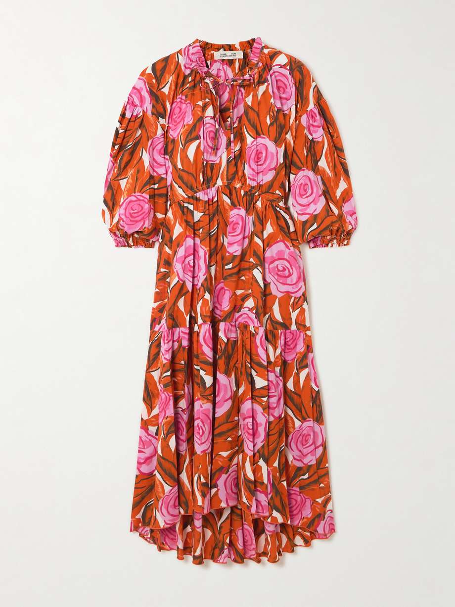 artie gathered tiered floral-print cotton-blend midi dress