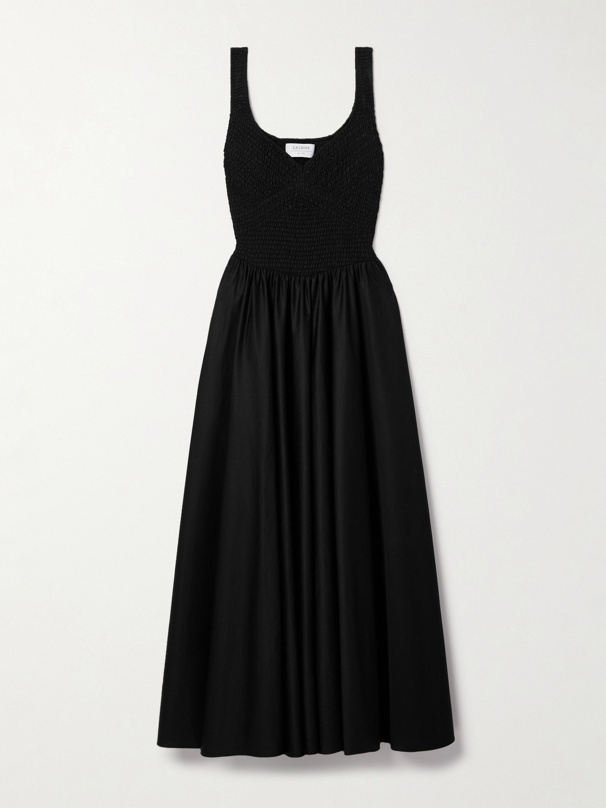 La Ligne Shirred Cotton-sateen Midi Dress In Black