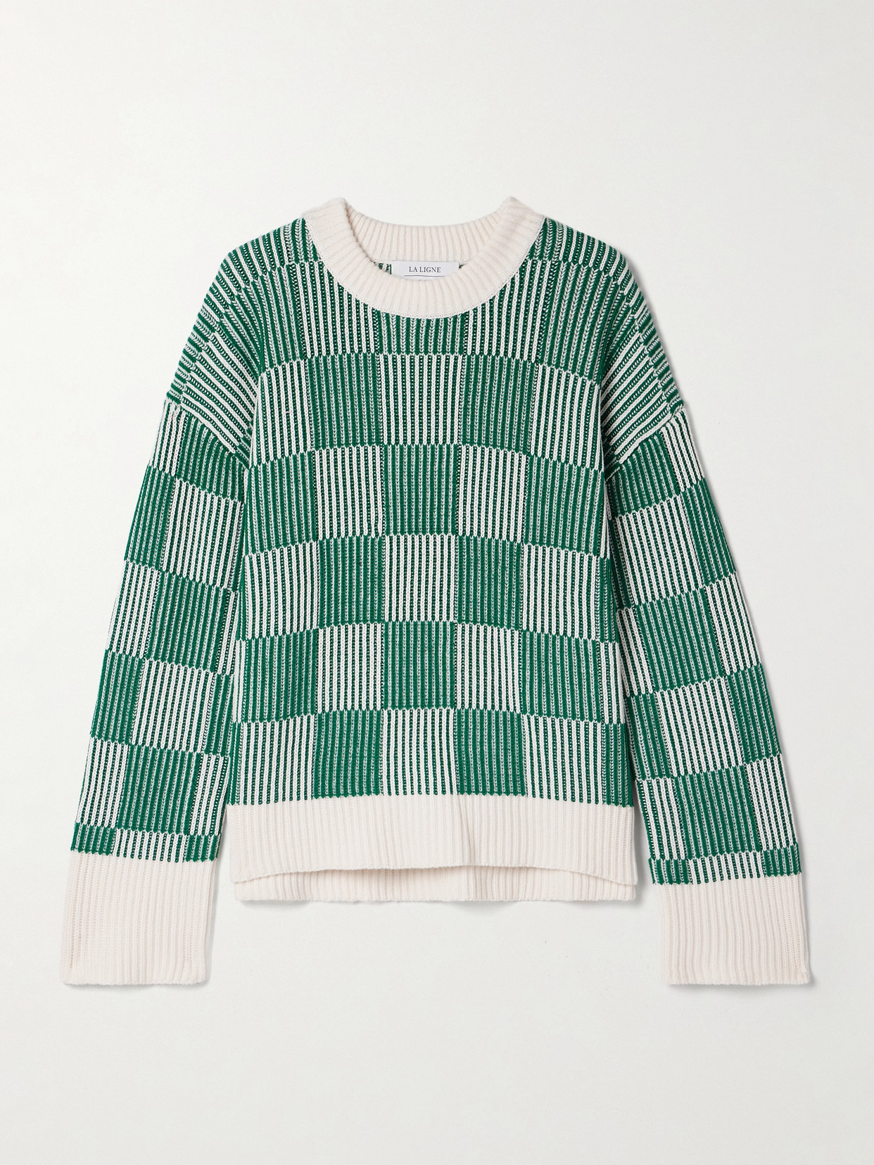 Shop La Ligne Ribbed Checked Merino Wool And Cotton-blend Sweater In Green