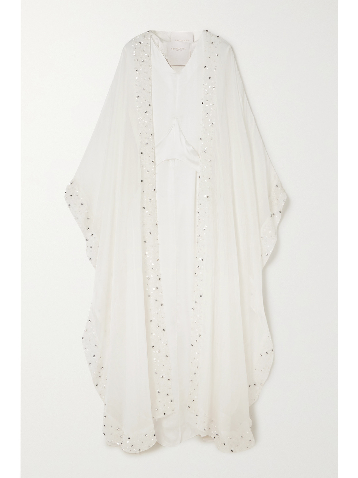 Shatha Essa Cape-effect Embellished Organza And Satin Gown In Off-white