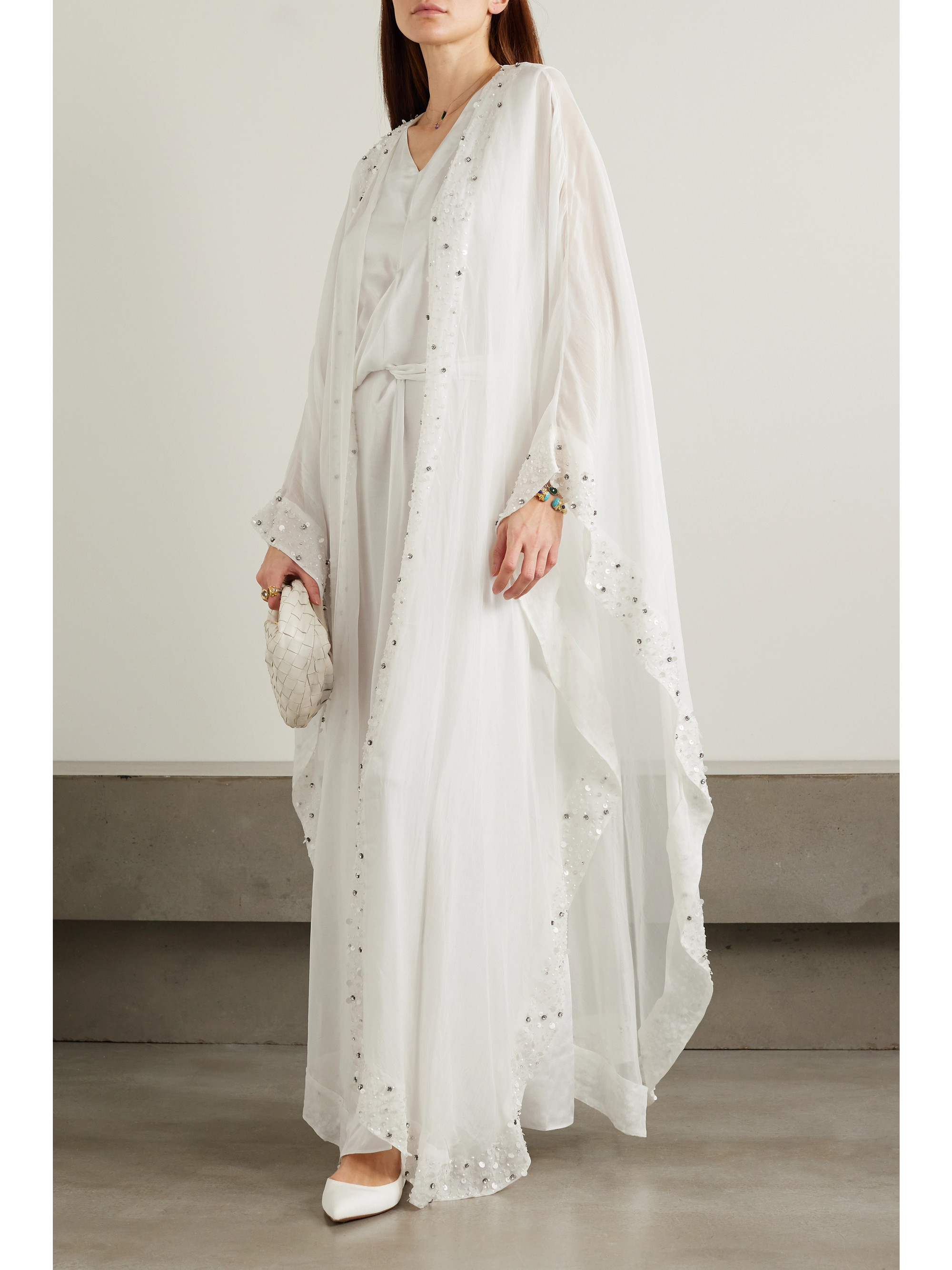 Shatha Essa Cape-effect embellished organza and satin gown