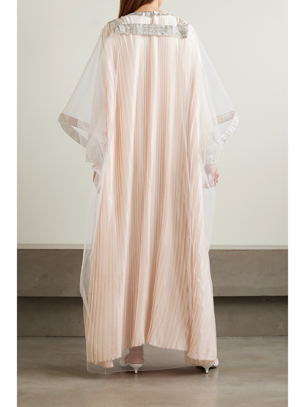Shatha Essa Layered Embroidered Metallic Pleated Silk-satin And Organza Gown In Neutrals
