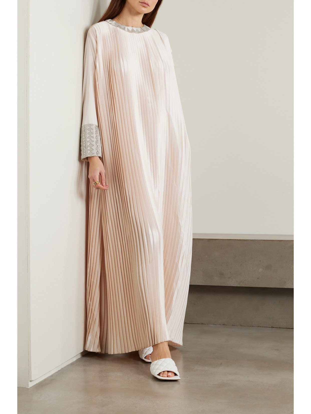Shatha Essa Layered Embroidered Metallic Pleated Silk-satin And Organza Gown In Neutrals